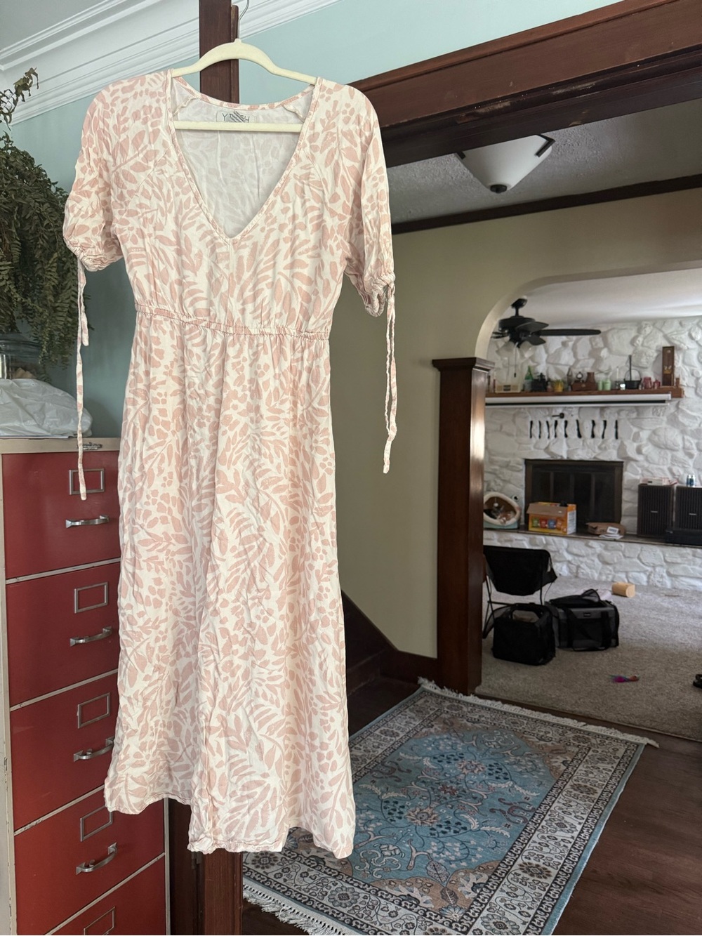 Blush Leaf-Print V-Neck Maxi Dress